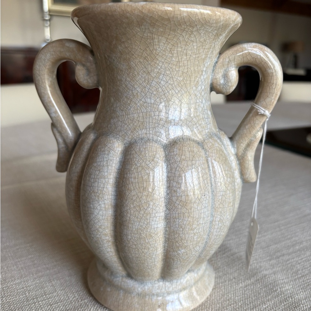 RAZ Imports Graceful Living 8" Crackle  Glaze Fluted Handle Vase Beige/Cream NWT